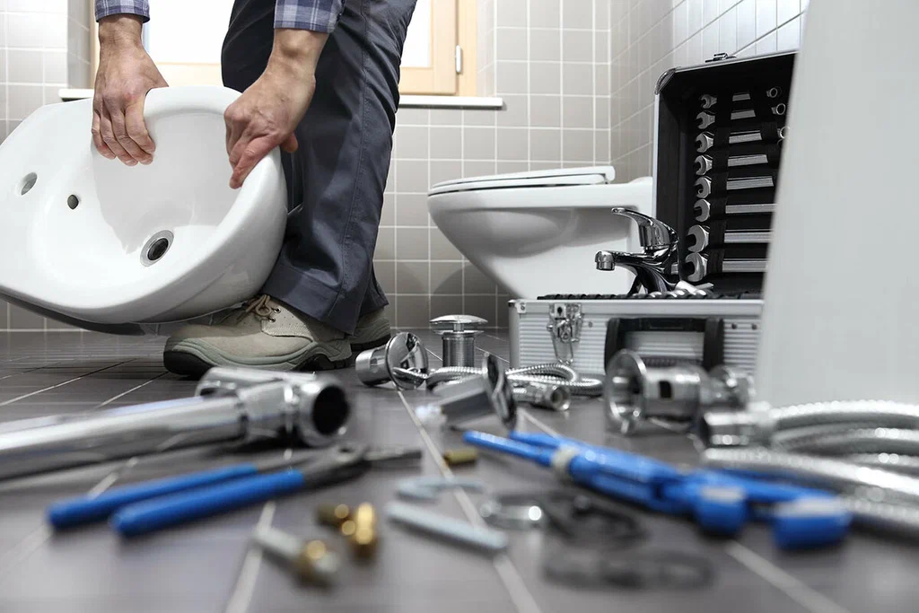 Plumbing tools prepared for a bathroom repair in Rialto