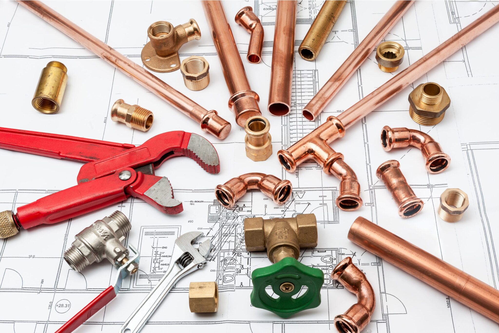 Copper pipes, fittings, valves, and plumbing tools in Rialto
