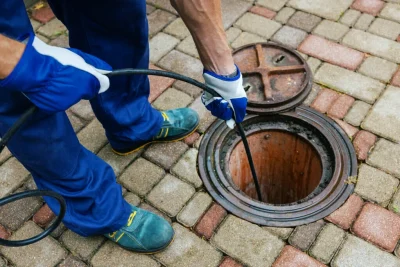 Plumber cleaning an outdoor sewer drain in Rialto
