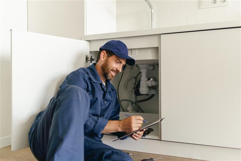 Residential plumber reviewing plumbing repairs in a Rialto kitchen