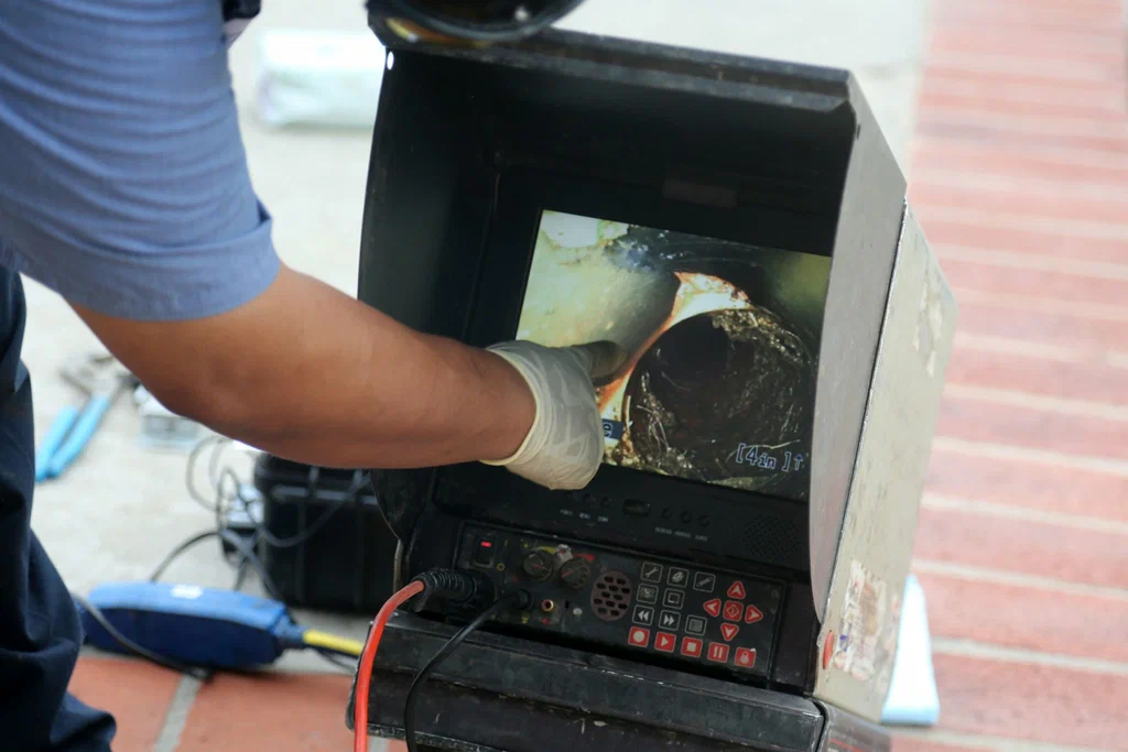 Technician viewing a drain inspection camera in Rialto
