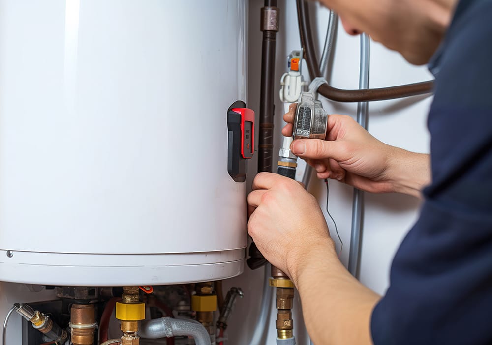 Technician repairing pipes connected to a water heater in Rialto